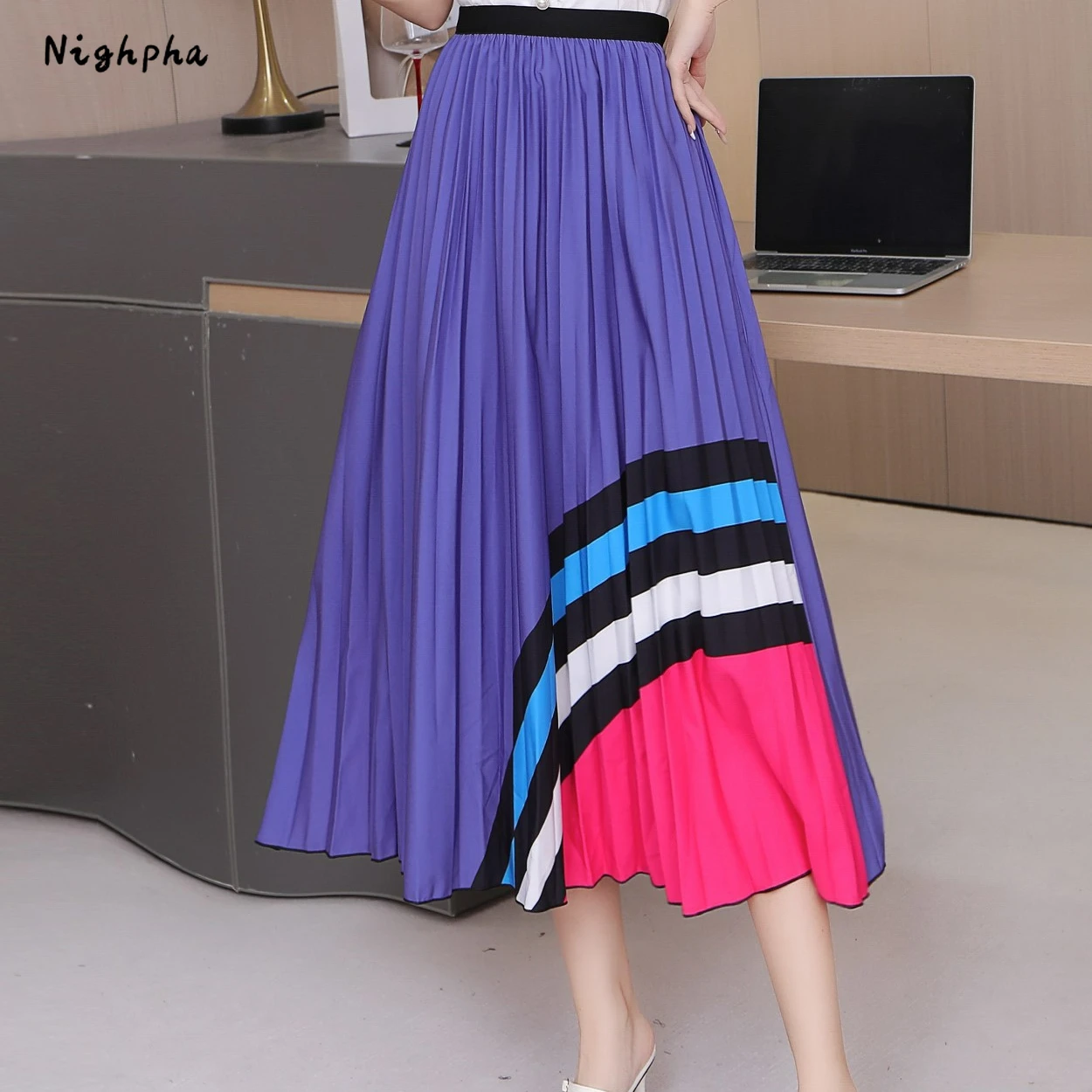 

Nighpha 2024 Spring Summer Pleated Skirt Print Midi Long Skirt Elastic High Waist Large Hem A-line Skirt Elegant