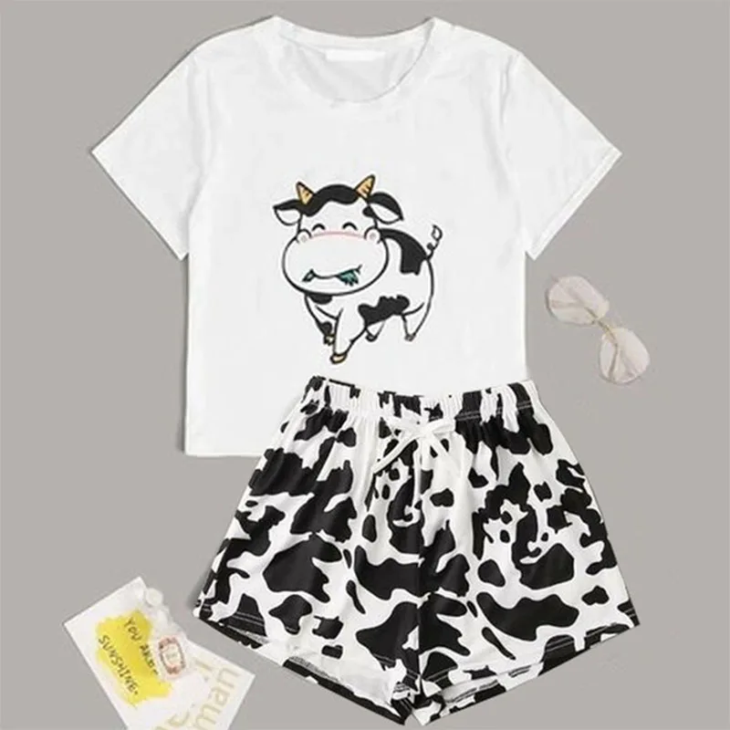 Cow Printed Pajamas for Women Nightie Summer Home Clothes Pijama Set Femme Pyjama Sleep Tops + Pants