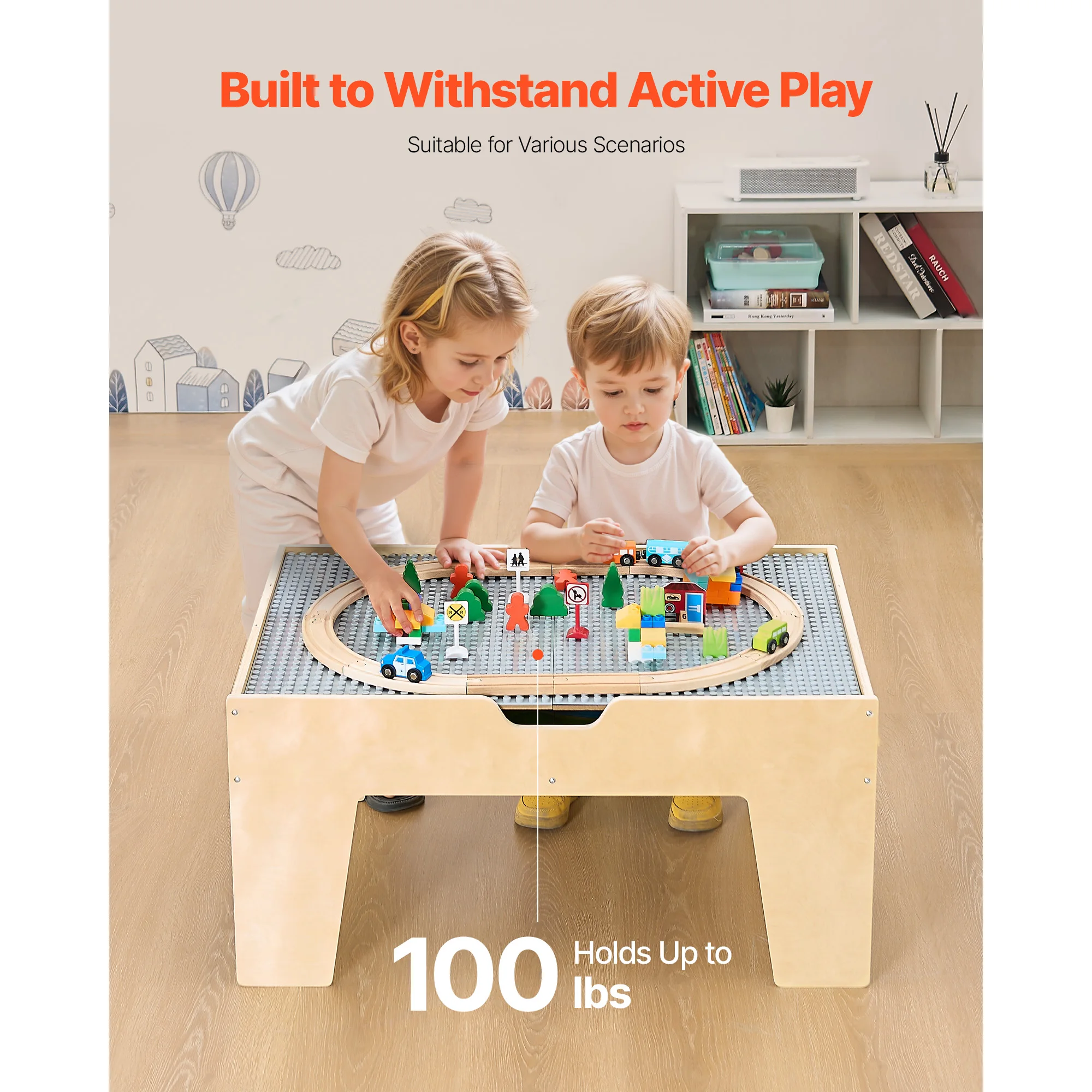 SucceBuy Multi-Purpose Activity Play Table 290 Building Bricks & 30pcs Wooden Train Table Toys Set Accessories for Kids Gaming