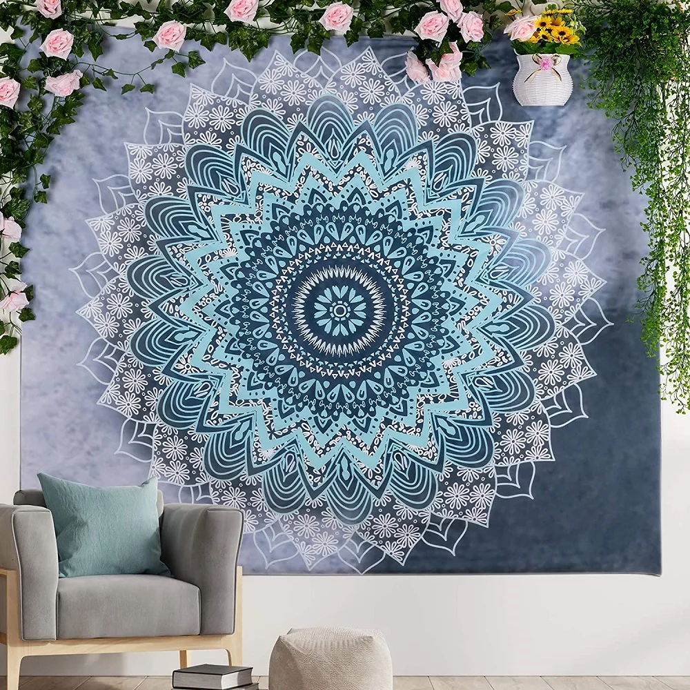 

Mandala Hippie Bohemian Tapestries Blue White Flower Psychedelic Tapestry Indian Dorm Decor Living Room Bedroom Wall Hanging