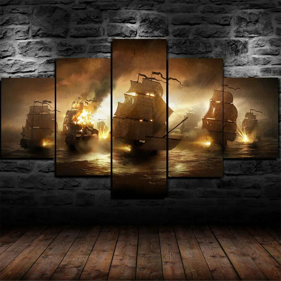 

Pirate Ships Painting 5 Panel Canvas Print Wall Art Poster Home Decoration HD Print Pictures No Framed Room Decor Paintings