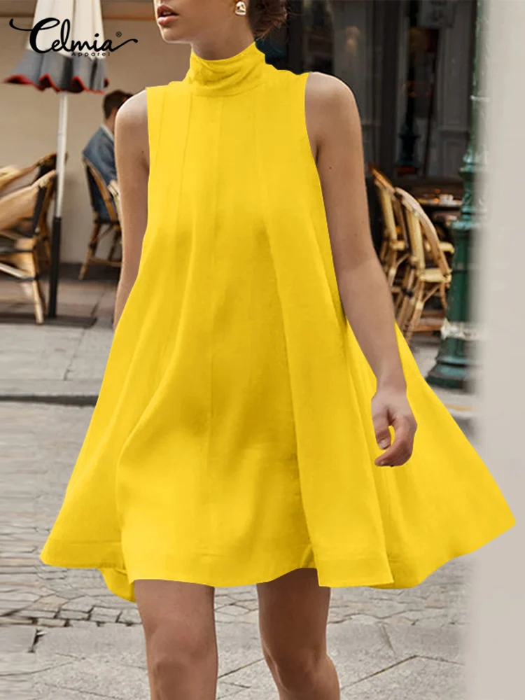 Fashion Summer Mini Dress Celmia Women Bandage High Collar Sundress