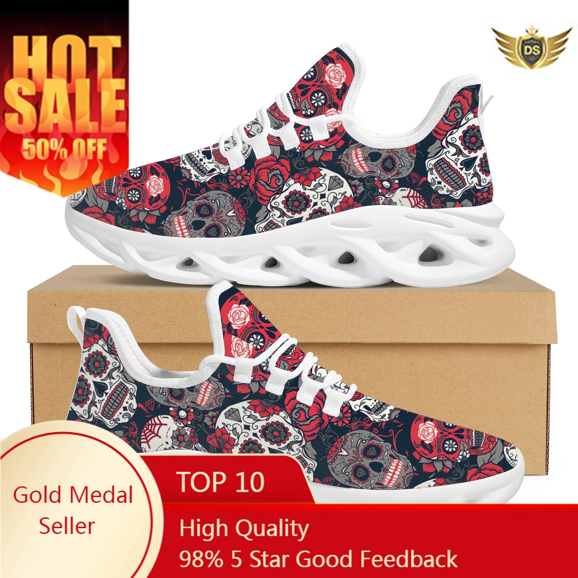 Horror Sugar Skull Ladies Walking Shoes Fashion Comfortable Non-slip Lace Up Running Shoes Lightweight Outdoor Casual Sneakers