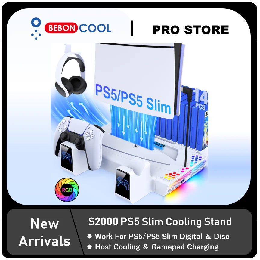 BEBONCOOL S3000 RGB Vertical Stand Cooling Station Controller Charger For PlayStation 5 Slim/PlayStation 5 Digital/Disc
