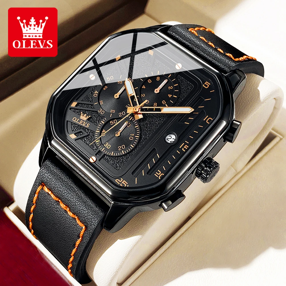 OLEVS 9950 Quartz Watch For Men Original Chronograph Business Leather Wristwatch Waterproof Luminous Calednar Luxury Man Watches
