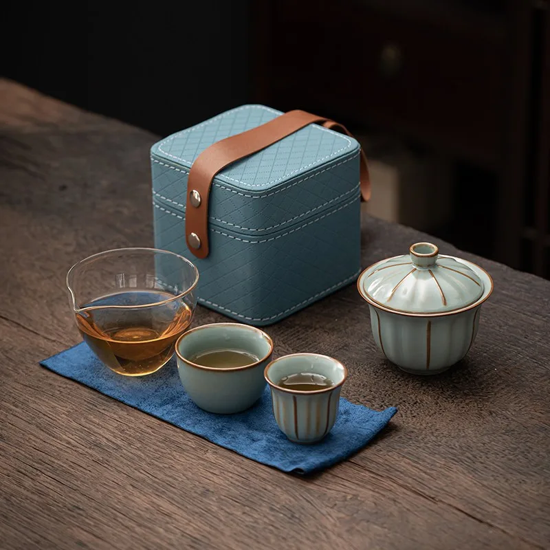 

Travel Tea Set Outdoor Camping Portable Tea Set Ru Kiln Quick Cup One Pot Two Cups Storage Bag Business Gifts