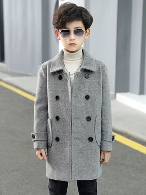 

Winter Grid Jackets Boys Girl Woolen Double-breasted Baby Boy Trench Coat Lapel Autumn Kids Outerwear Coats Spring Wool Overcoat