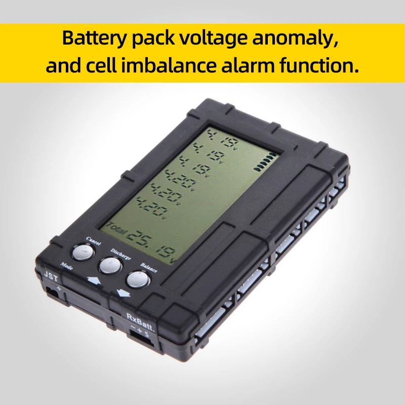 Testeur de batterie LiPo 3-en-1 2-6S en mode décharge avec câbles de connexion