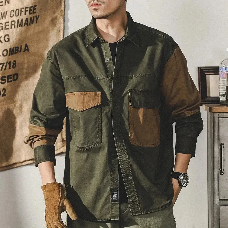 

Cargo Shirts Men Original Brand Stitching Army Green Blouse Summer Short Sleeve Shirt Vintage Clothing