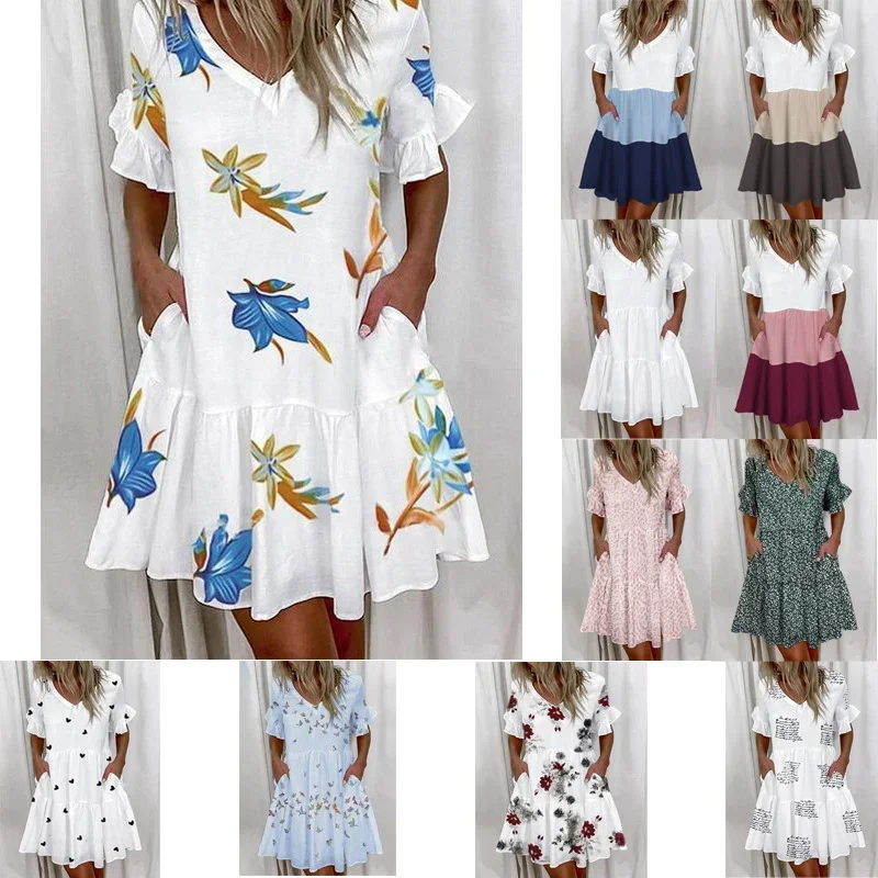 

White Casual Dress Short Sleeve V-neck Floral Pocket Streetwear Dresses For Women Vestidos de Mujer Casual Baratos Clothing Ropa