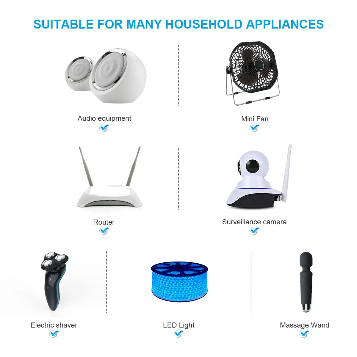 Universal USB to DC Power Cable with 9 Connectors Adapters For Massage Wand Router Moon Lamp LED Light Speaker and More