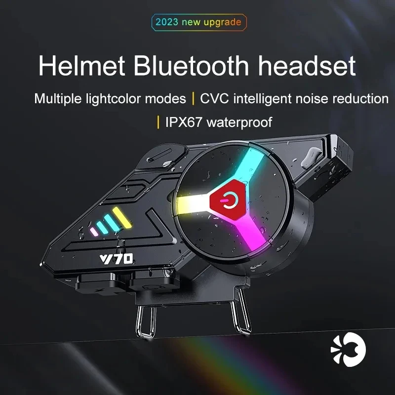 Мотоциклетная Bluetooth-гарнитура Y70 для шлема V5.3 RGB, наушники с цветным светом, водонепроницаемость IPX6, уличная Поддержка IOS Android