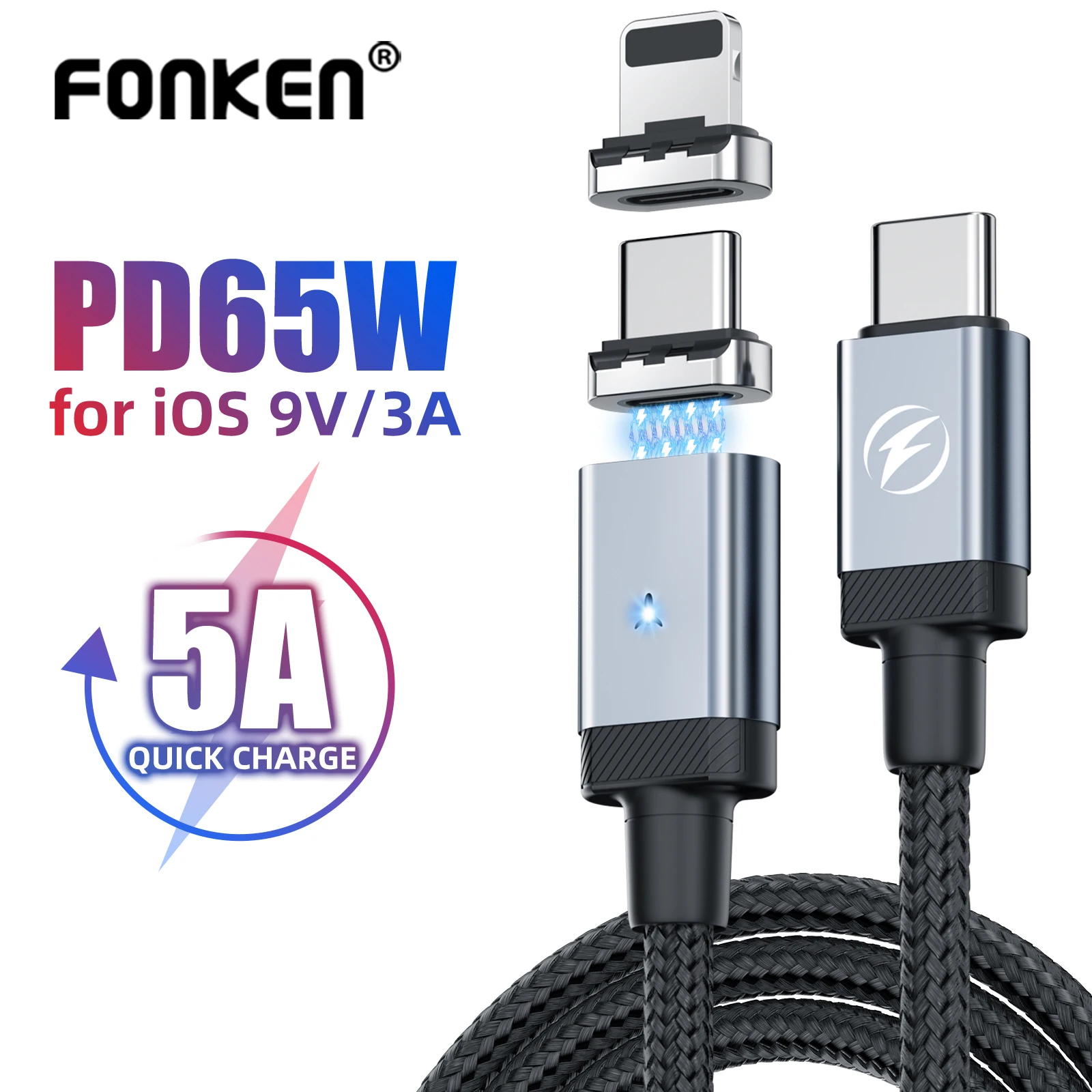 FONKEN Magnetic USB C Cable for Iphone 14 13 12 Pro Max 27W Fast Charging Cable C To C Magnet Charger Cable for Xiaomi Samsung