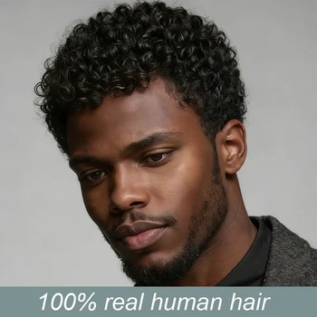 Parrucca da uomo con taglio pixie, capelli umani, parrucca afro ricci, colore nero, realizzata a macchina, lunghezza 6 pollici, densità 180%, adatta per l'uso quotidiano