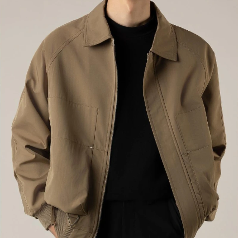 Men's elegant solid, Brown black coat, Loze Rappel plush top, zipper short jacket, vintage street wear