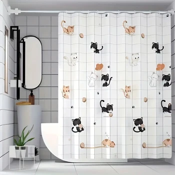 Simple cartoon naughty cat shower curtain Bathroom shower curtain easy to clean and scrub PEVA waterproof material light opaque 1