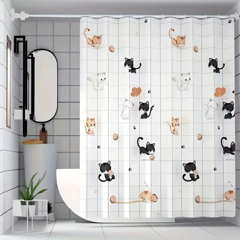 Simple cartoon naughty cat shower curtain Bathroom shower curtain easy to clean and scrub PEVA waterproof material light opaque Simple cartoon naughty cat shower curtain Bathroom shower curtain easy to clean and scrub PEVA waterproof material light opaque
