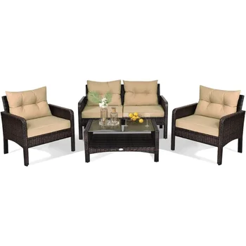 Patio Furniture Set 4-Piece Outdoor Rattan Wicker Sofa Set with Cushions & Coffee Table with Tempered Glass Table Top 3