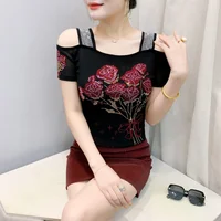 Sexy Off Shoulder T Shirt For Women Luxury Flower Diamonds Short Sleeve Tee Summer Fashion Womens Mesh Tee Shirts Top - Image 3