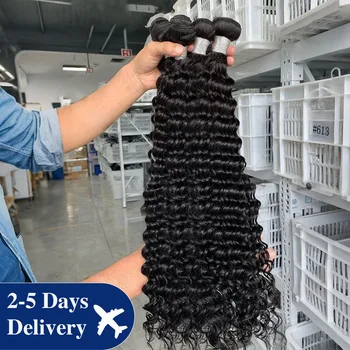 30 32 Inch Deep Wave Human Hair Bundles Curly Hair Burmese Weaving Raw Unprocessed Tissage Double Weft Virgin Hair Extensions 1