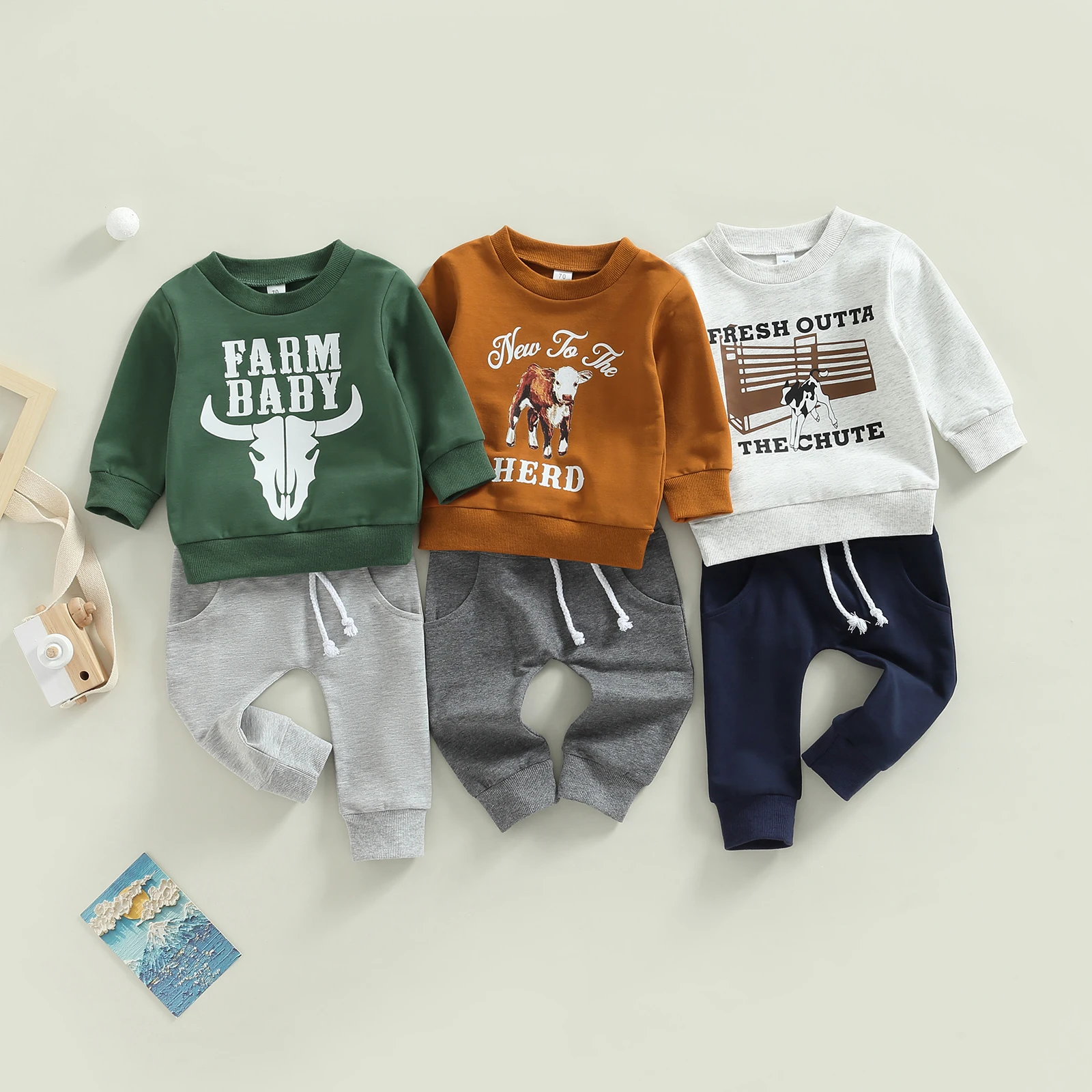 

Baby Boys Casual Clothes Sets Long Sleeve Bull Head/Cow/Fence Print Sweatshirt with Sweatpants Fall Outfits Clothing