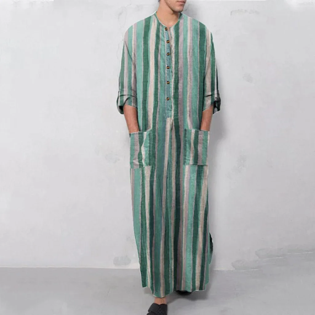 Muslim Men\'s Robe Casual Striped Print Long Loose All-match Kaftan Comfortable Long Sleeve Jubba Thobe Robes S-5XL
