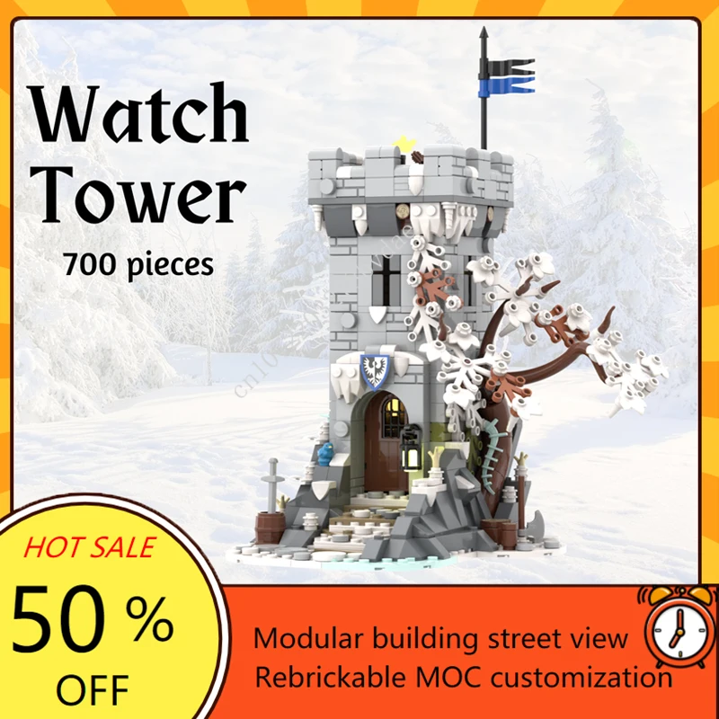 700PCS Winter Themed Watch Tower MOC Creative Medieval Fortress Architecture Castle Model Custom Puzzles Architecture Toy Gift
