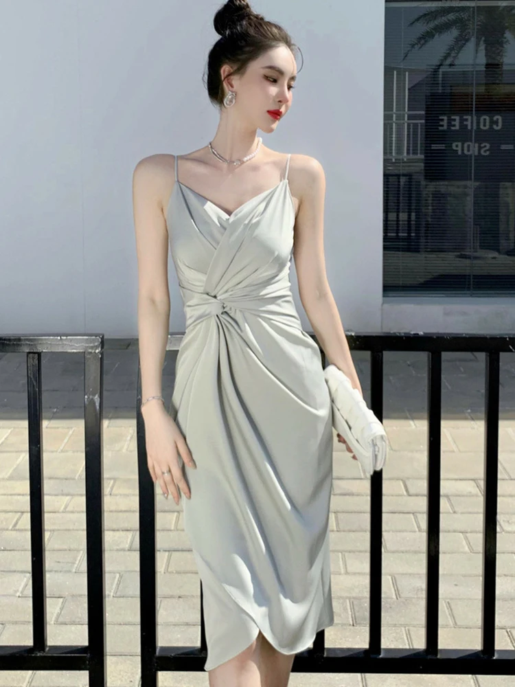 その他トップス Fashion Korean Elegant Women Evening Dress Temperament Formal Vintage Sexy Slim Slit Midi Party Club Commute Lady Mujer Vestidos Korean Elegant Women Evening Dress Satin Vintage Chic Sexy