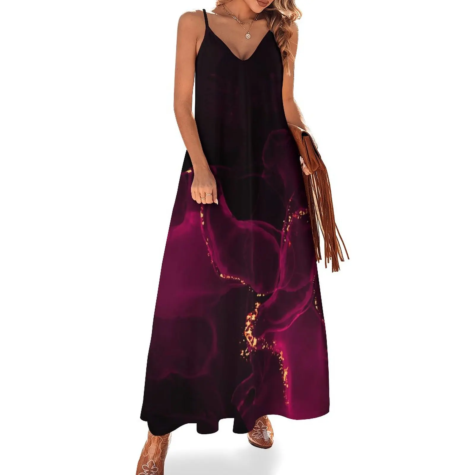 

Vintage Glitter Hand Drawn Background Print Dress Sexy Spaghetti Strap V Neck Long Dresses Women Summer Beach Dresses Party Tuni