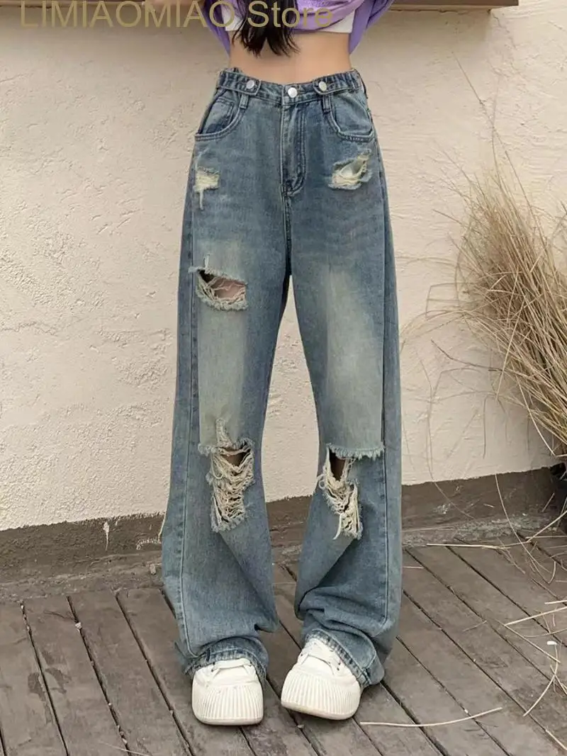 New Vintage Hole High Waist Jeans Wide Leg Denim Loose Straight Hip Hop Street Pants Summer Women Zipper Fly Trouser