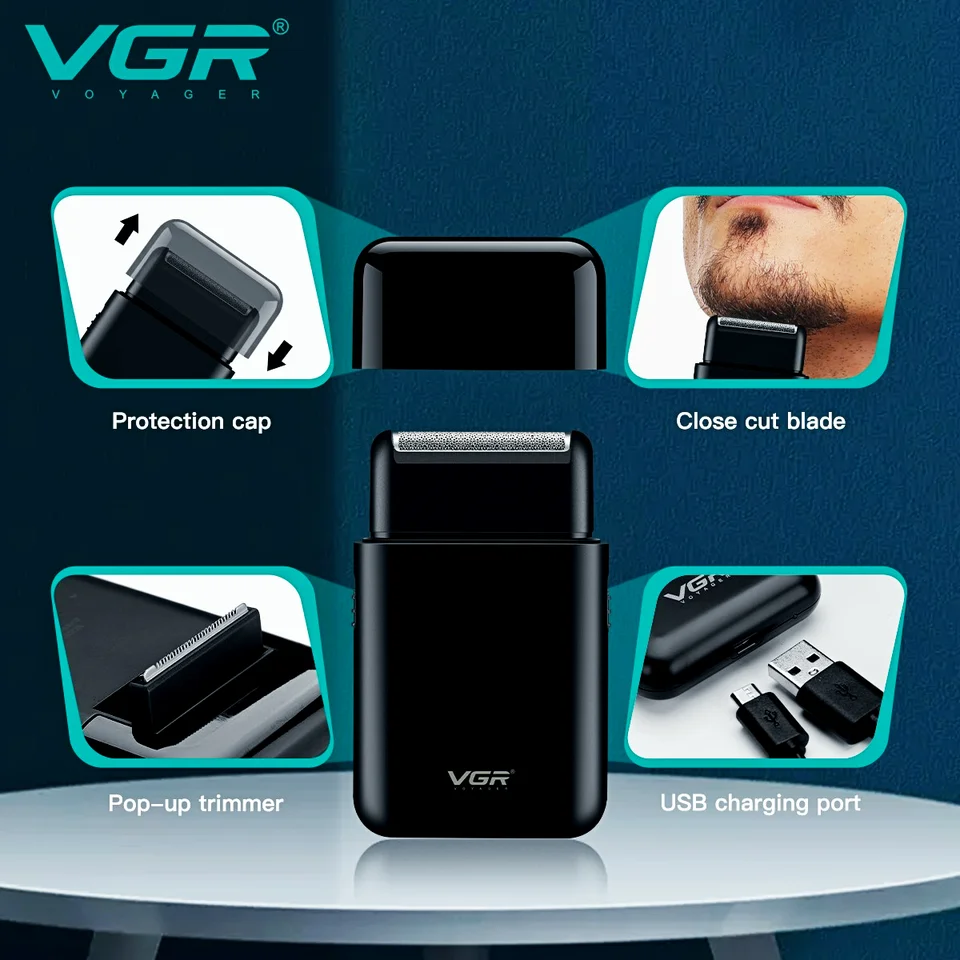 VGR Electric Professional Beard Trimmer Razor Portable Mini Shaver Reciprocating Shaving 2 Blade USB Charge For Men_voghion.com