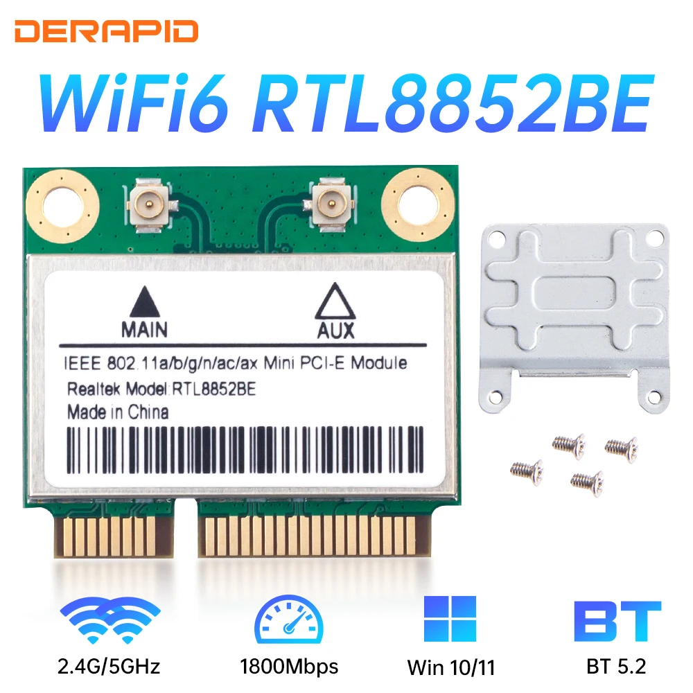RTL8852BE WiFi 6 네트워크 카드 Windows 10 PCIe용 1800Mbps BT 5.2 듀얼 밴드 무선 MiniPCIe 802.11ax/ac 2.4G/5GHz MU-MIMO