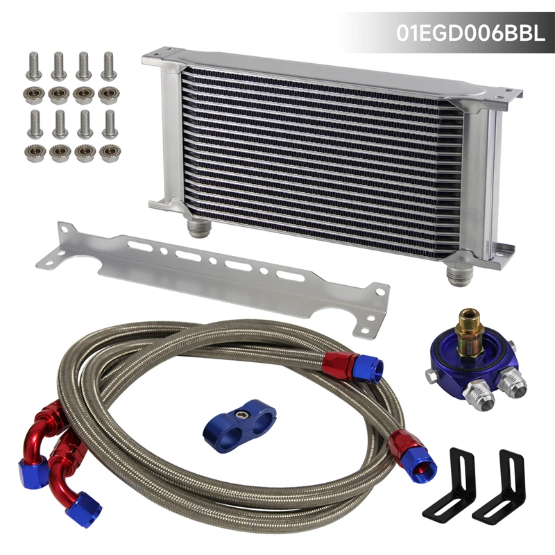 

19 Row 248mm AN10 Universal Engine Transmission Oil Cooler w/Bracket + Oil Filter1.4M & 1.6M Hose End Kit Blue/Black