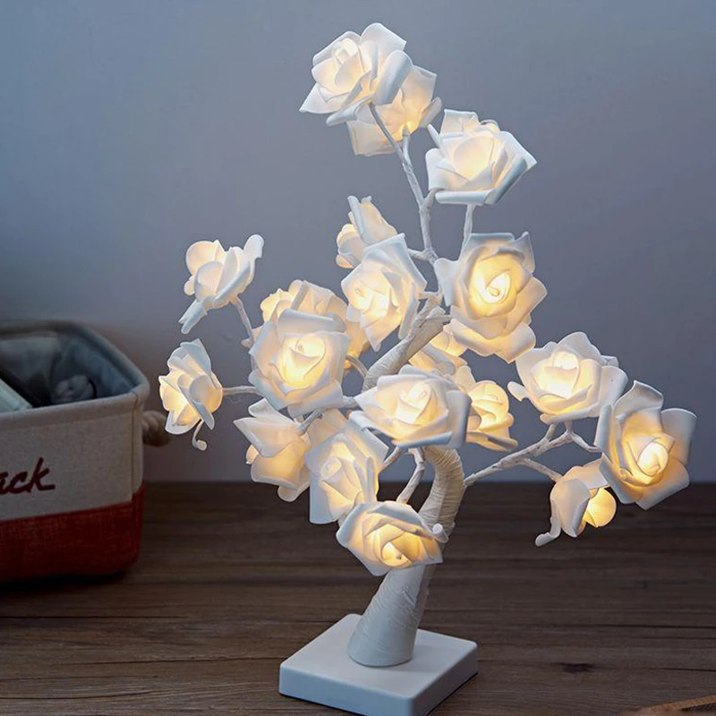 Rose Blossom Tree Night Light LED Lighted Tabletop Artificial Flower Bonsai Tree Lamp