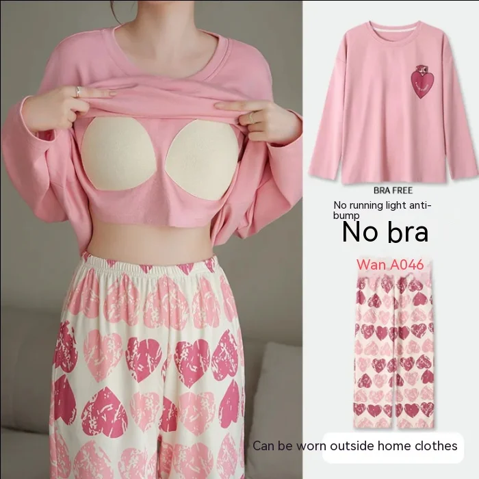 Plus Size Neu mit Brustpolster Frühling Langarm Lose Zuhause Lässig Tragbar Bequem Stilvoll Trendy Ins Niedlicher Damenpyjama – Detail 5