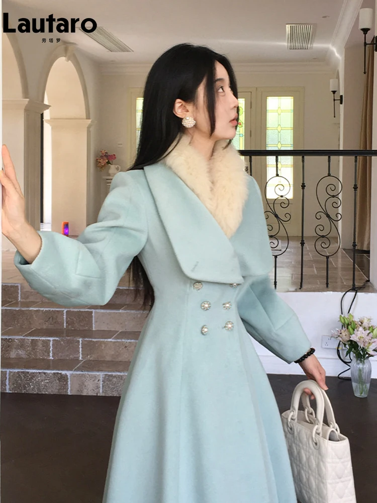 Lautaro Autumn Winter Long Warm Wool & Blends Coat for Women Double Breasted Elegant Luxury Designer Fit and Flare Clothes 2026 2