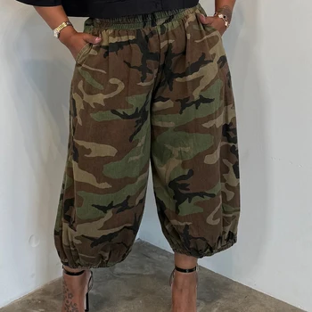 Camouflage Print Balloon Plus Size Pants High Waist Loose Fit Baggy Cropped Camo Trousers Pockets Casual Jogger for Women