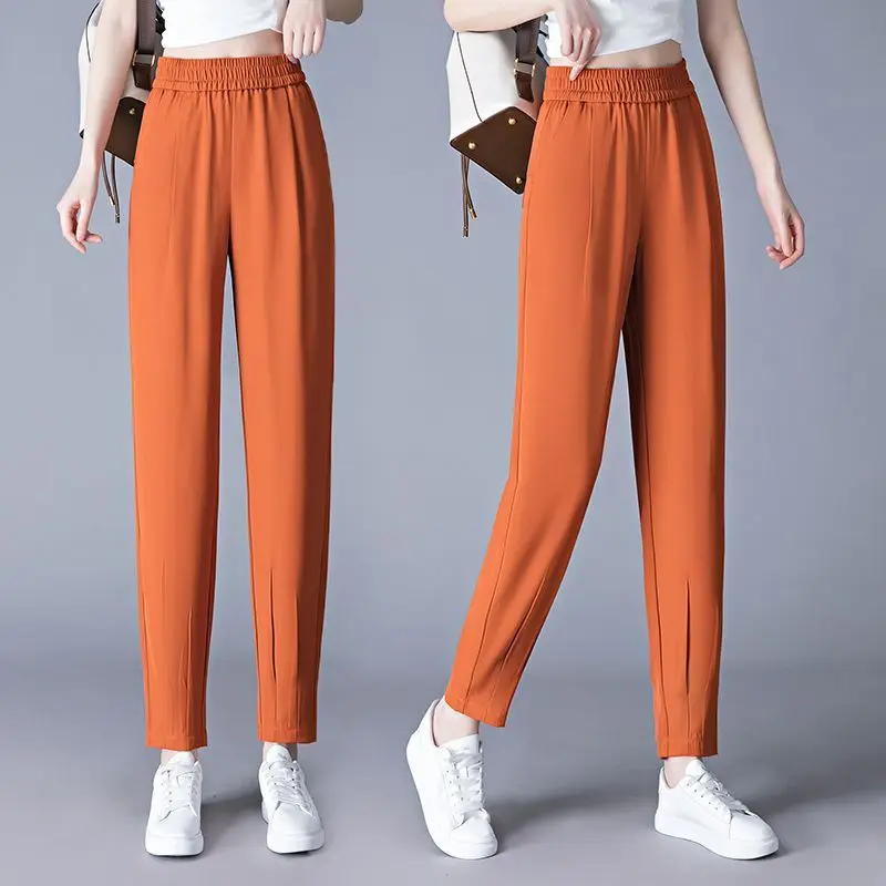 Summer New Fashion Casual Versatile Solid Harlan Pants Women's Elastic High Waist Pocket Button Simple Wide Leg Cropped Trousers