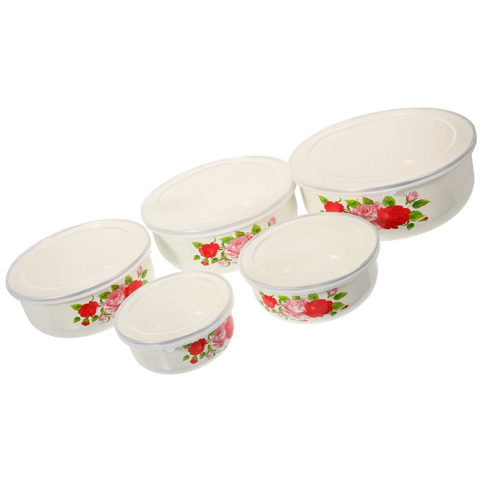 

Mixing Bowls Lids Set Enamel Basin Nesting Storage Fruit Cereal Ice Cream Salads Kitchen Serving