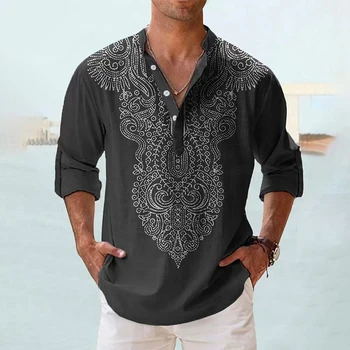 Ethnic Style 3D Print Henley Shirts Men's Fashion Vintage Oversized Stand Collar Long Sleeve Shirt Male Tops Blouse Man Clothing