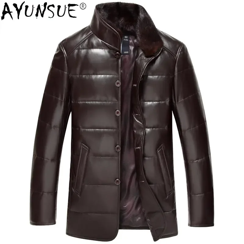 

Genuine Leather Winter Down Jacket Men Detachable Mink Collar Business Casual Medium Sheepskin White Duck Down Coat Male FCY4884