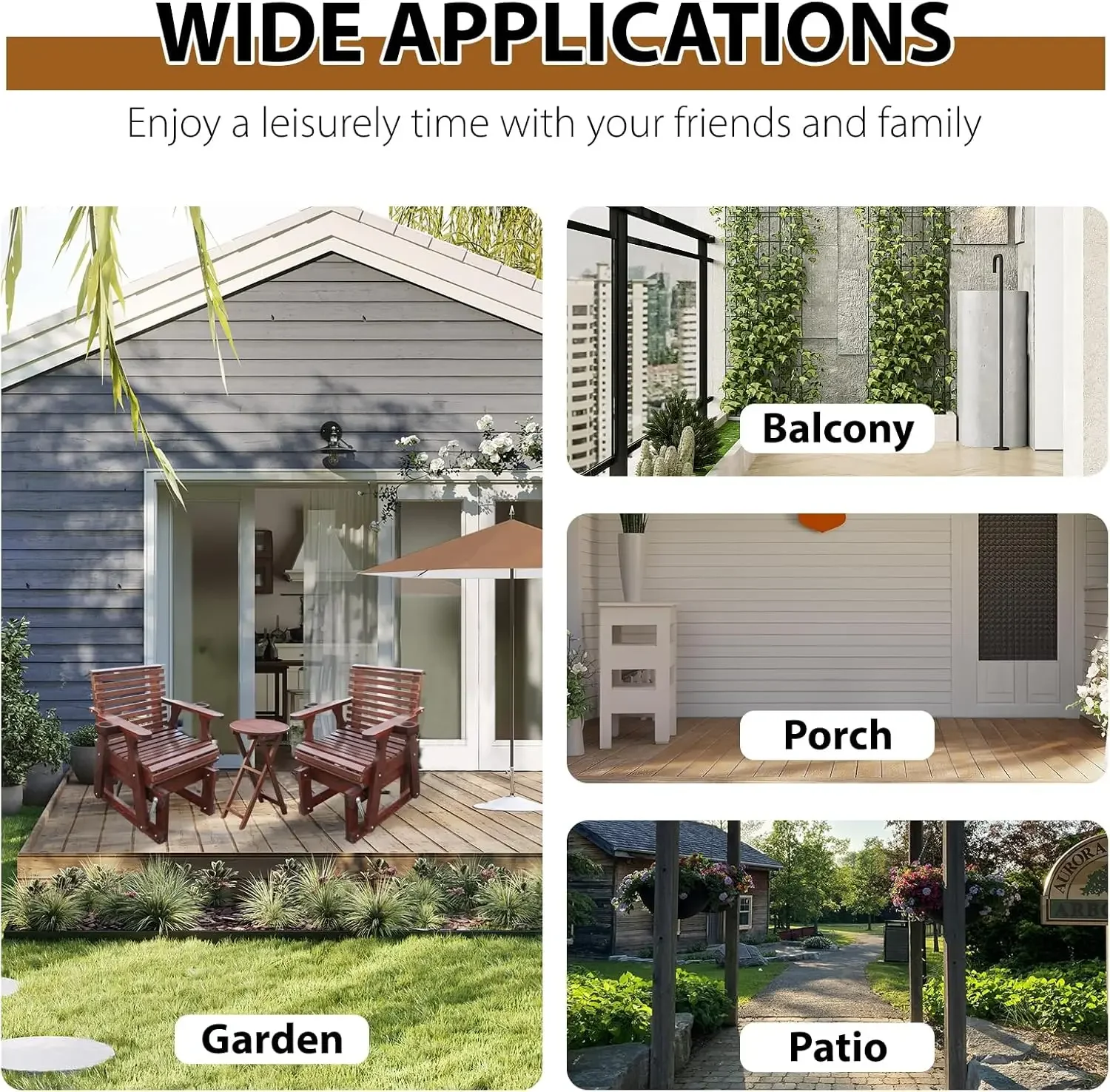 NEW-Outdoor Glider Chair, 3 Piece Wooden Glider Patio Furniture Set with Round Table, Cupholder, High Back, Dark Brown