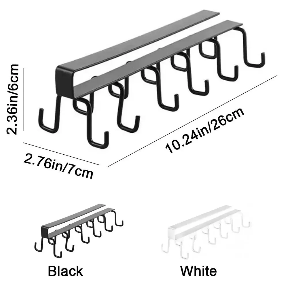 Iron 12 Hooks Cup Holder Black/White Punch-free Double-row Storage Hook Space Saving Traceless Under Cabinet Storage Rack