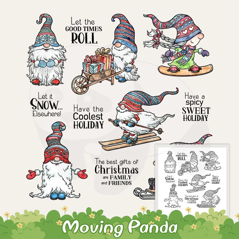 

Winter Christmas Skiing Gnomes Cutting Dies Clear Stamp DIY Scrapbooking Metal Dies Silicone Stamps For Cards Crafts Xmas Decor