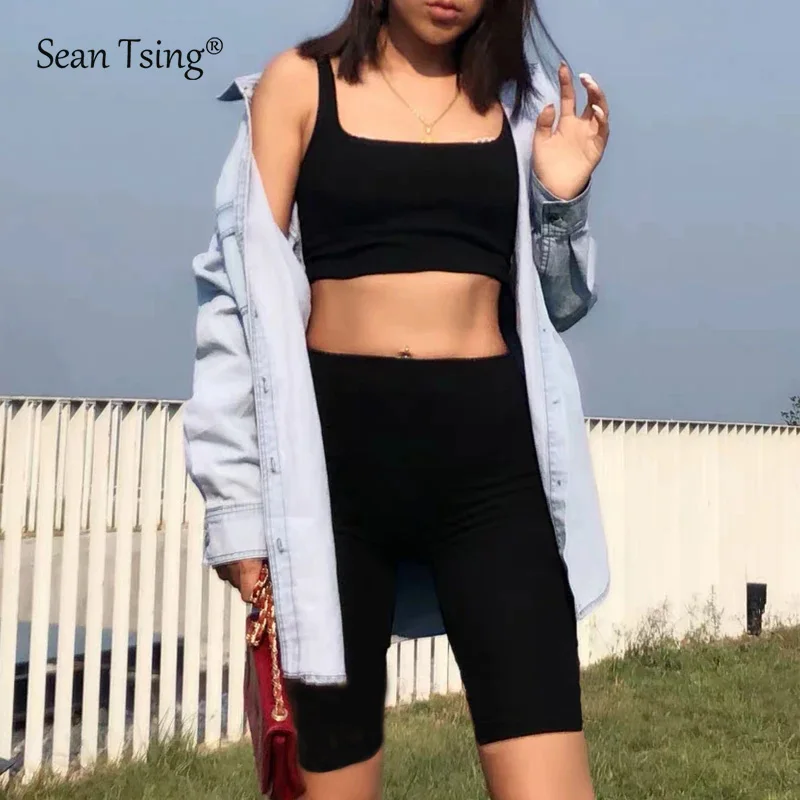 Sean Tsing&reg; Fashion Soft Viscose Biker Shorts Women Fitness High Waist Summer Slim Knee-Length Black Cycling Leggings Sportwear