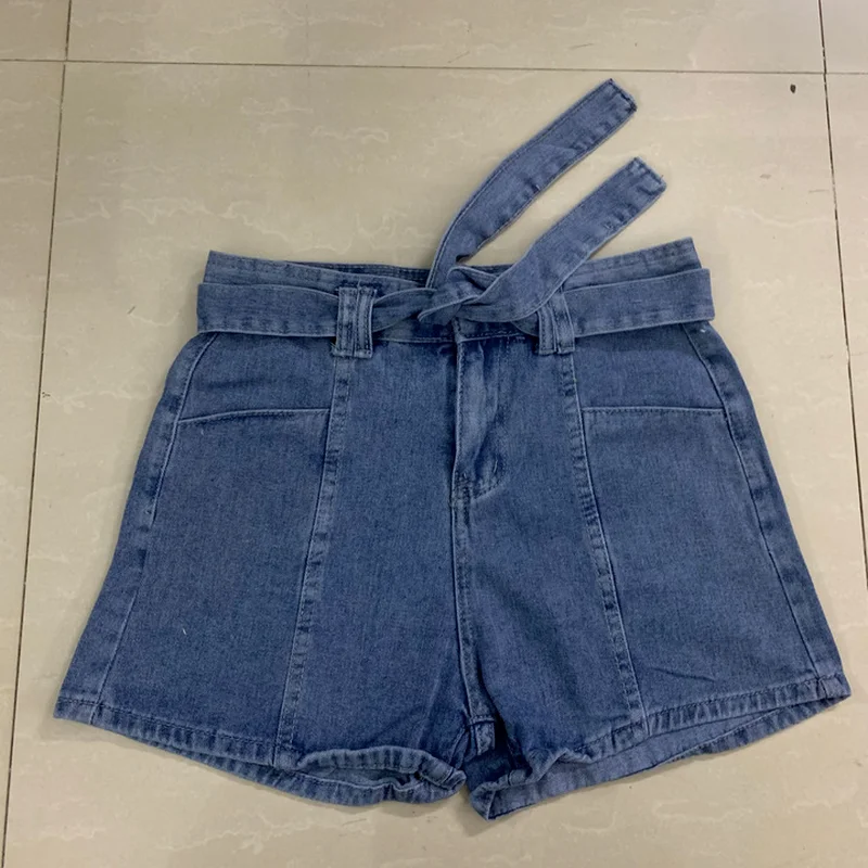 Ladies Elastic High Waist Straight Buckle Belted Jeans Shorts Woman Clothing Summer Straight Leg Casual Bandage Denim Shorts
