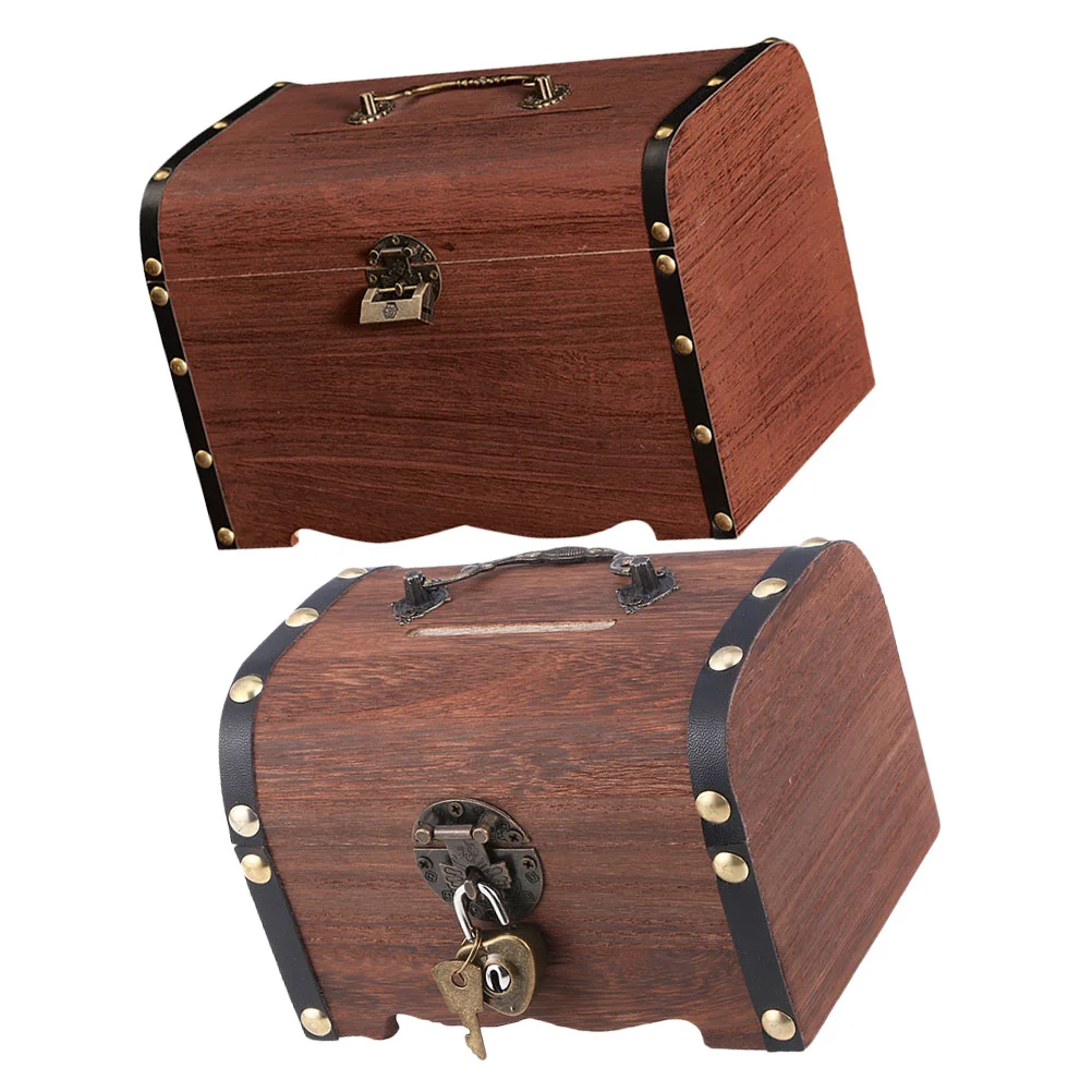

2 Pcs Treasure Chest Piggy Bank Jewlery Vintage Jewelry Case Metal Trinket Wooden Pirate Chests For Storage Child Container