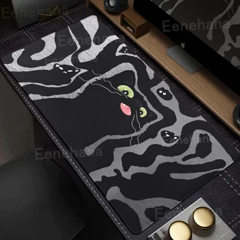 Art Black Cat Mouse Pad XXL Cute Line Game Rubber Pc Gaming Anime Keyboard Expansion Pad Liquid Non-slip Base Office Accessories