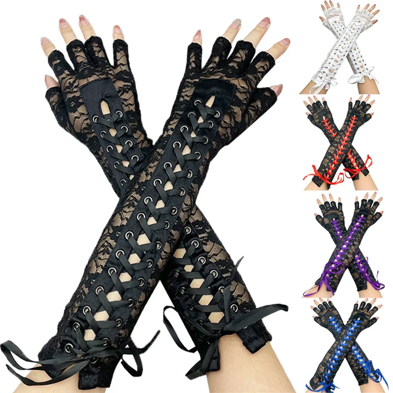 

Women Sexy Floral Lace Elbow Length Half Finger Gloves Black String Ribbon Ties Up Dance Party Fingerless Fishnet Mesh Mittens