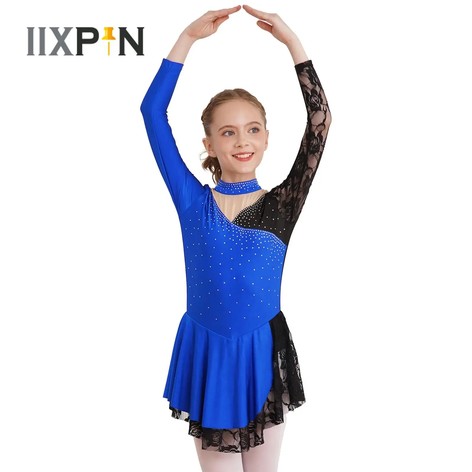 

Kids Girls Ballet Dance Dress Gymnastic Figure Ice Skating Costume Dancewear Long Sleeve Shiny Rhinestones Lace Patchwork Dress